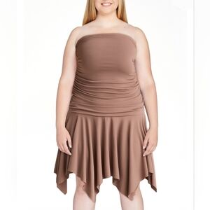 New! Madden Girl Taupe Brown Strapless Ruched Handkerchief Hem Pull On Dress 2X